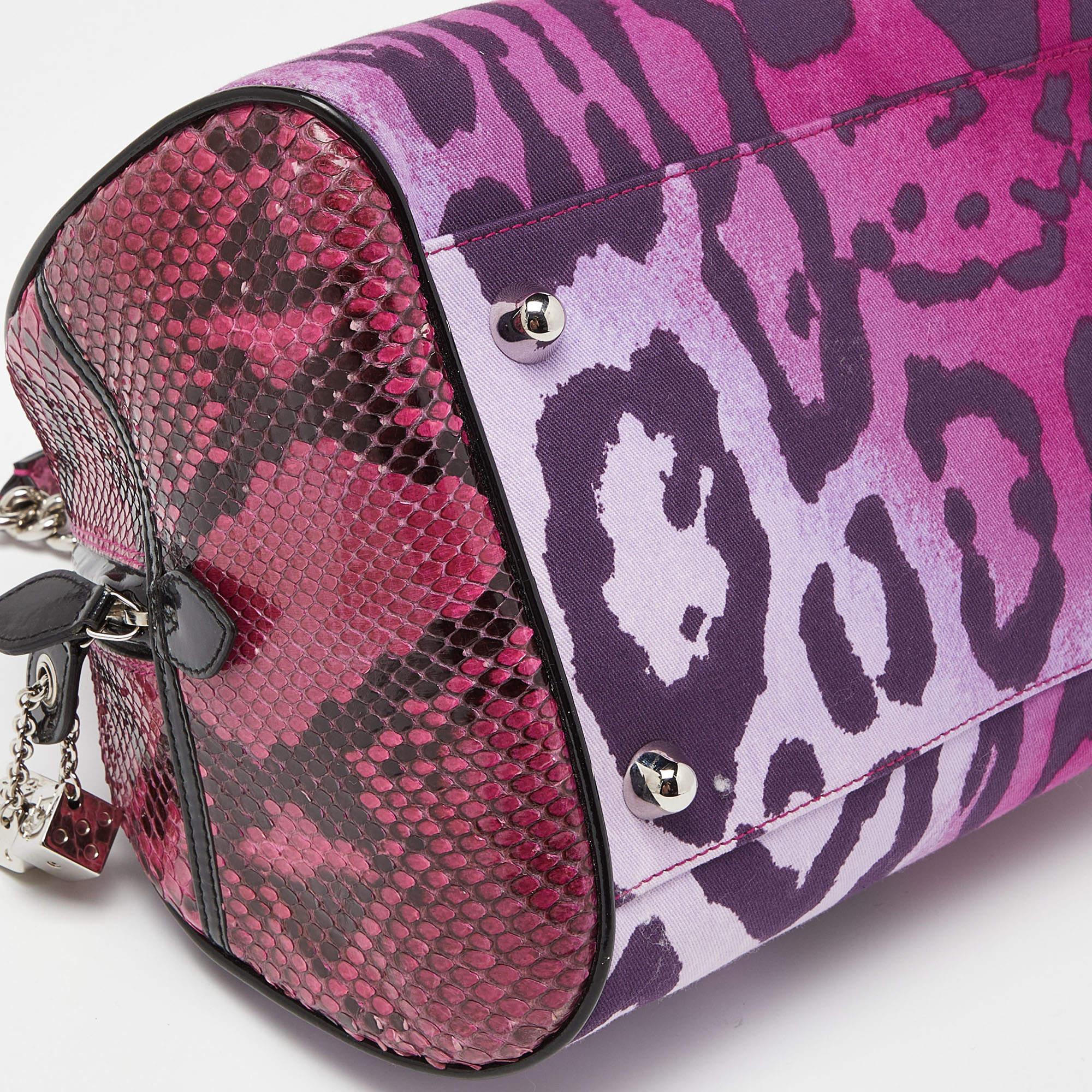 Dior Multicolor Leopard Print Fabric, Python and Patent Leather Gambler Dice Bag For Sale 1