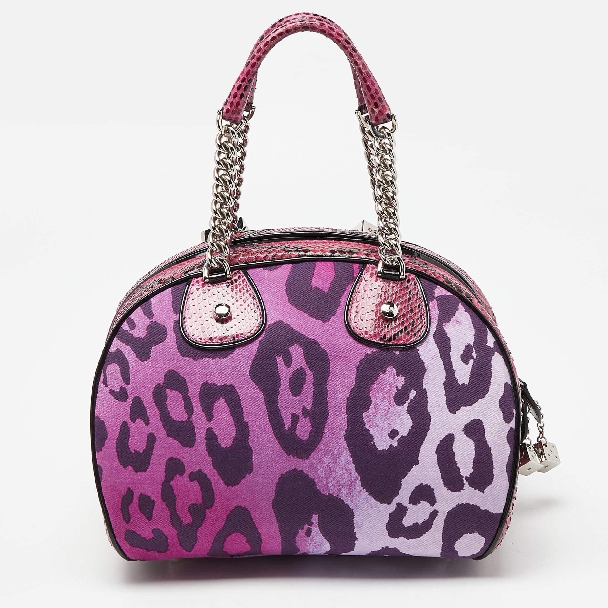 Dior Multicolor Leopard Print Fabric, Python and Patent Leather Gambler Dice Bag For Sale 2