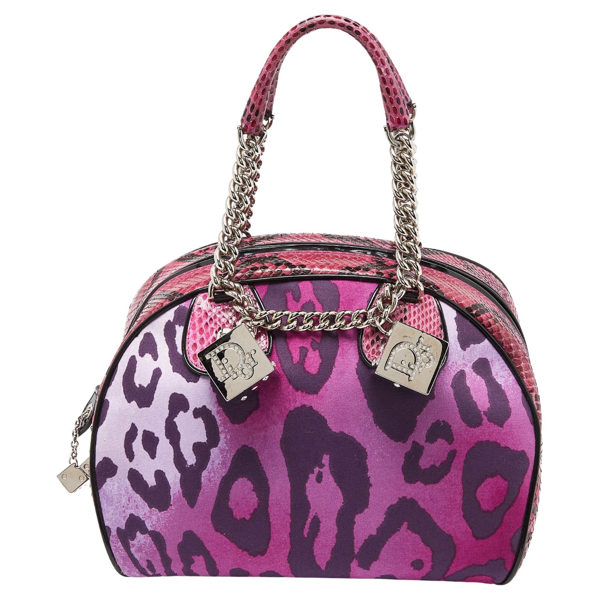 Dior Multicolor Leopard Print Fabric, Python and Patent Leather Gambler Dice Bag For Sale