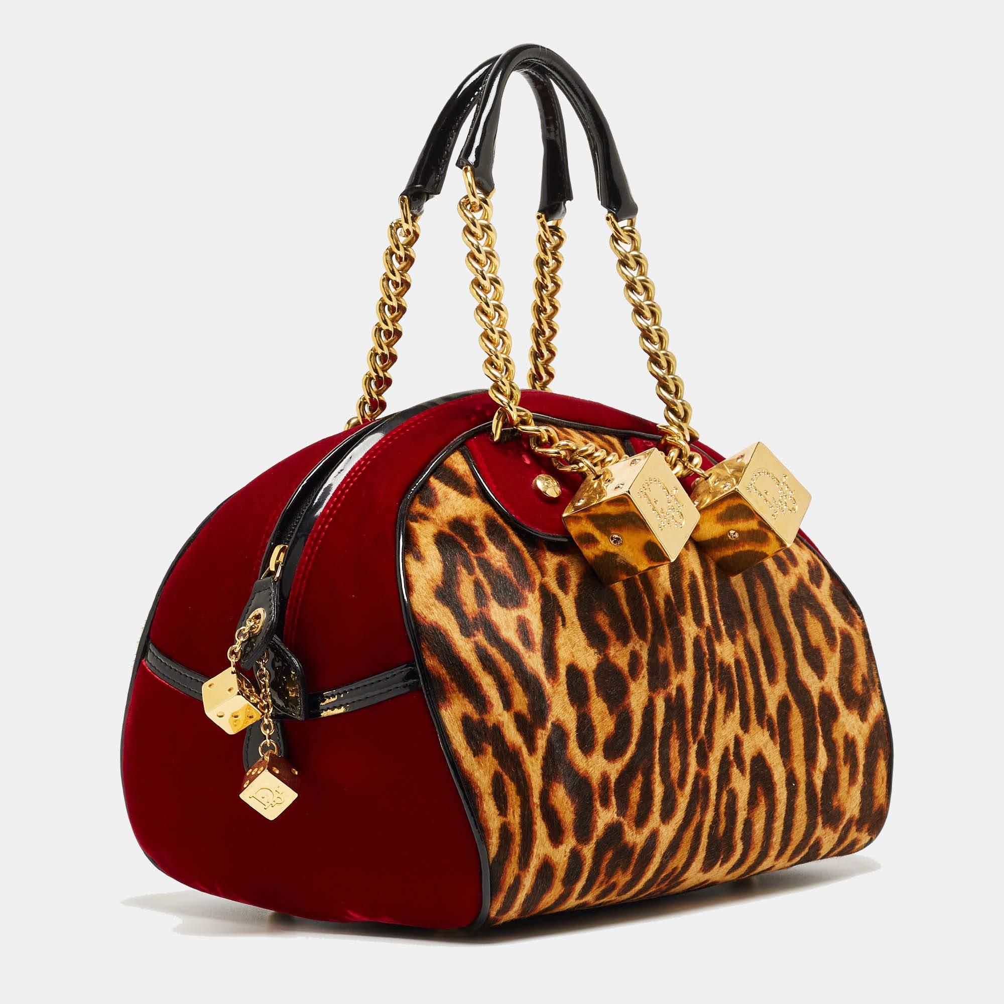 Women's Dior Multicolor Leopard Print, Velvet and Patent Leather Gambler Dice Bag