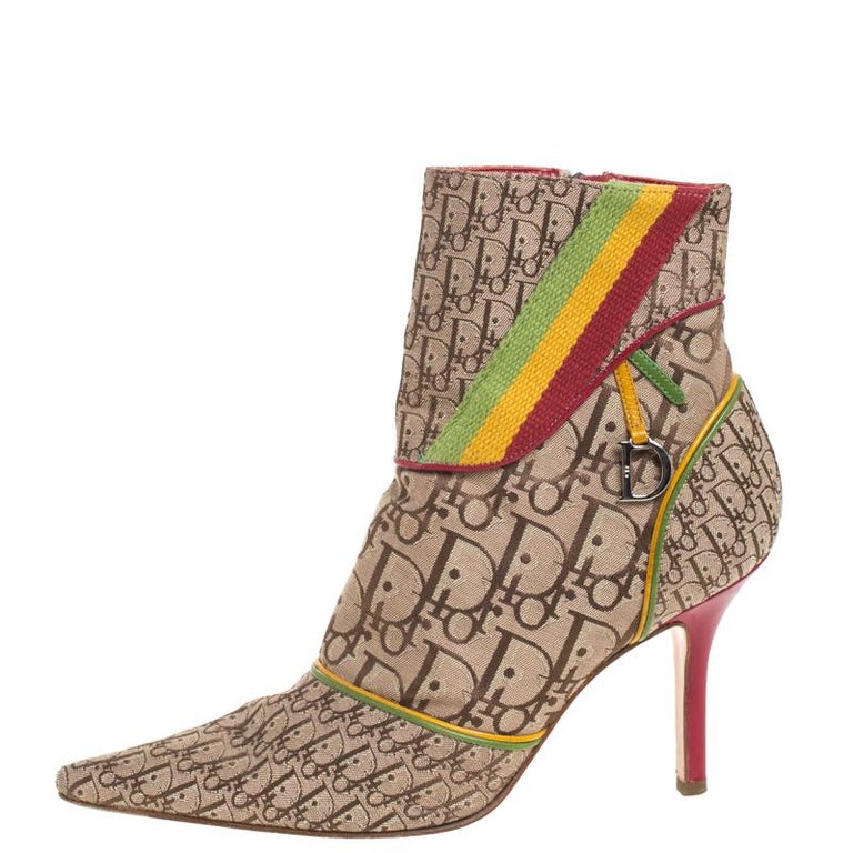 Dior Multicolor Monogram Canvas And Leather Piping Ankle Boots Size 36