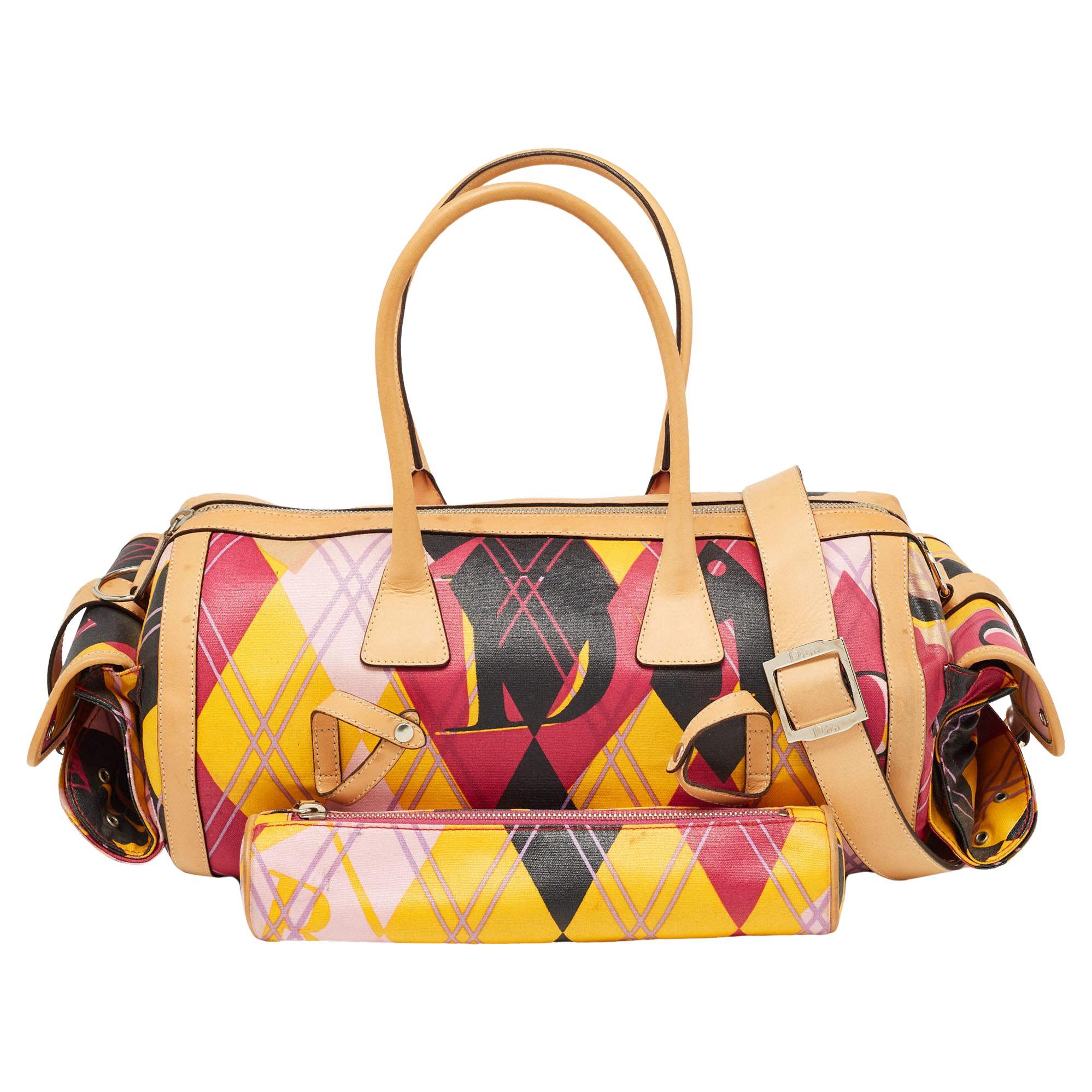 Dior Multicolor Printed Coated Canvas and Leather Argyle Bag For Sale