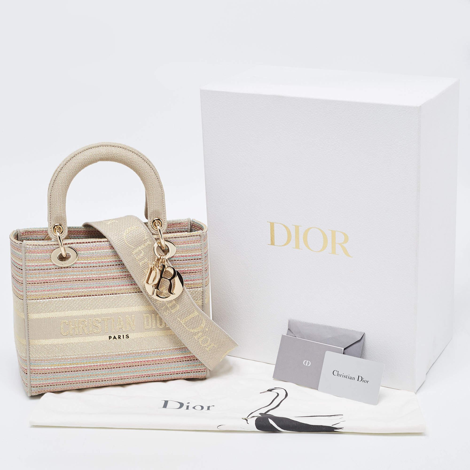 Dior Multicolor Stripe Embroidered Canvas Medium Lady D-Lite Tote 5