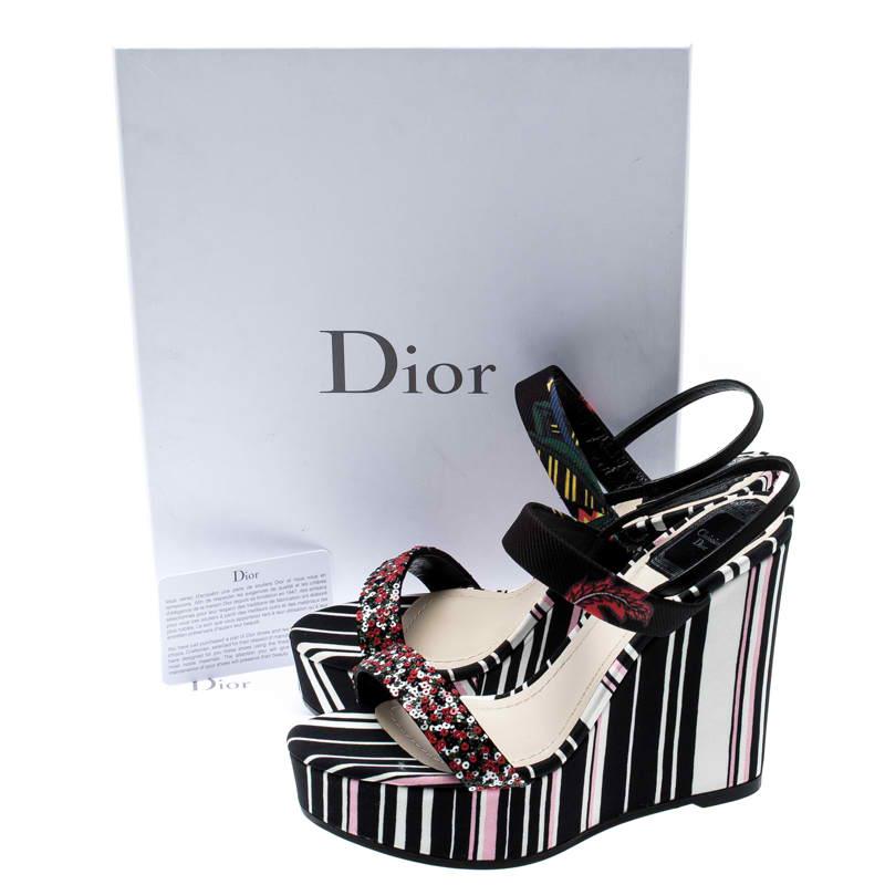 Dior Multicolor Stripes Printed Satin Sequins Embellished  Wedge Sandals Size 38 4
