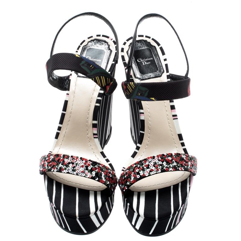 Black Dior Multicolor Stripes Satin Embellished Ankle Strap Wedge Sandals Size 38.5