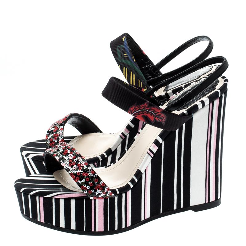 Women's Dior Multicolor Stripes Satin Embellished Ankle Strap Wedge Sandals Size 38.5