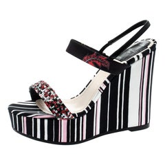 Dior Multicolor Stripes Satin Embellished Ankle Strap Wedge Sandals Size 38.5