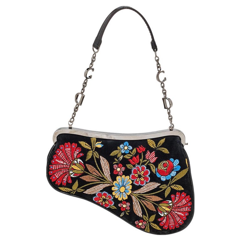 Dior Multicolor Suede and Patent Embroidery Flower Saddle Pouch at