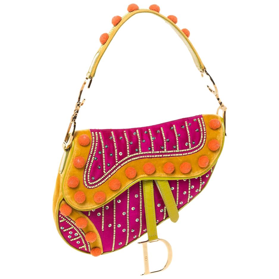 Dior Multicolor Velvet/Nylon and Leather Limited Edition Pom Pom Saddle Bag