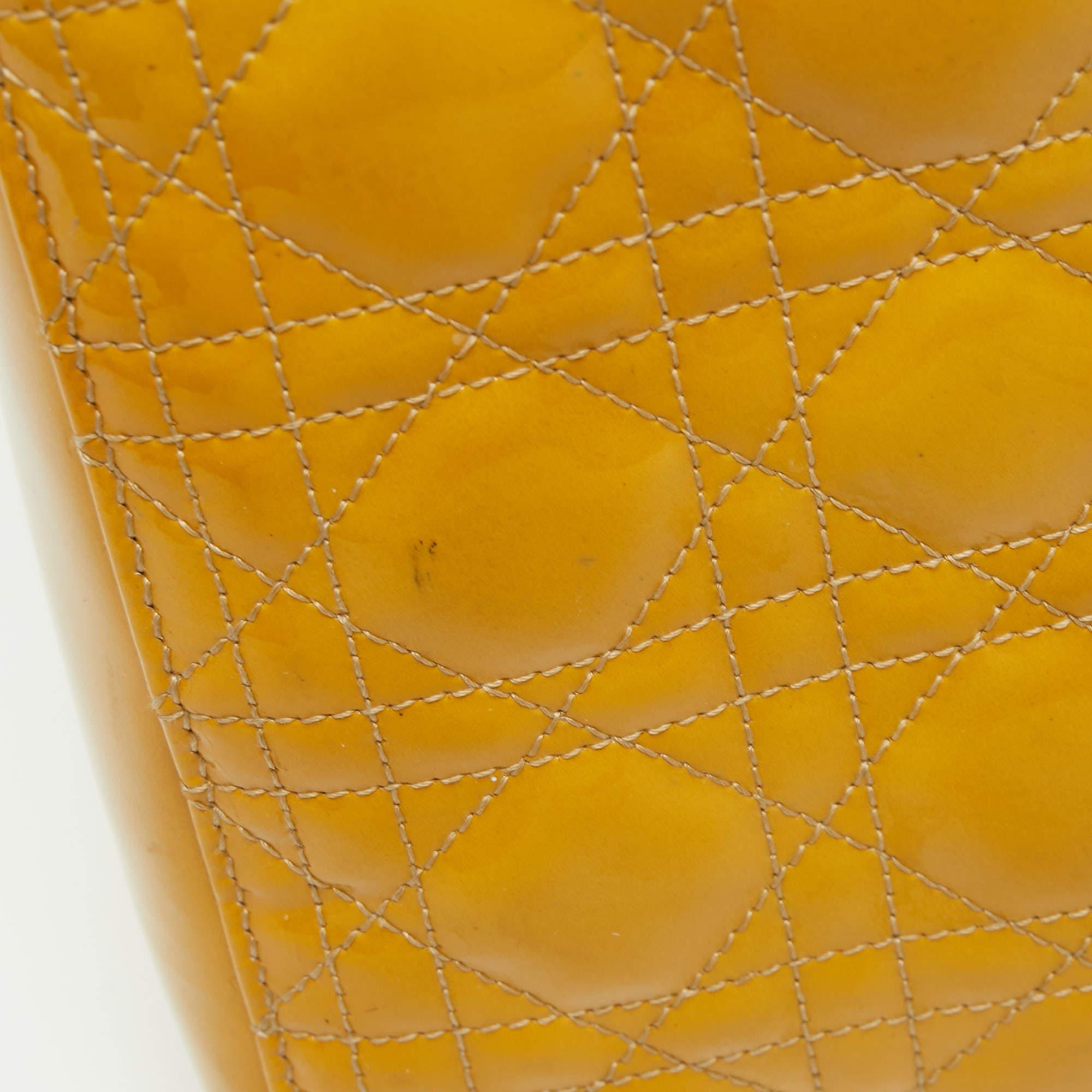 Dior Mustard Cannage Patent Leather Medium Lady Dior Tote 6