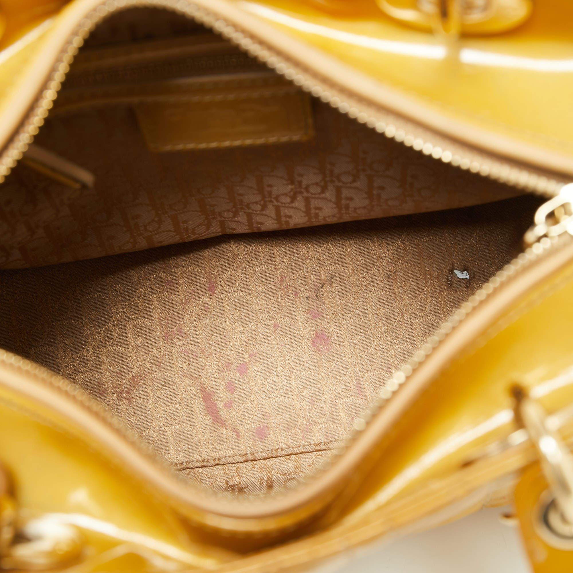 Dior Mustard Cannage Patent Leather Medium Lady Dior Tote 9