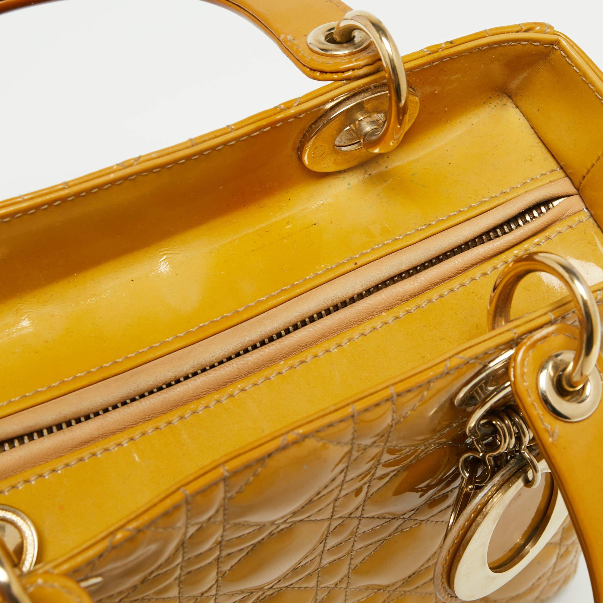 Dior Mustard Cannage Patent Leather Medium Lady Dior Tote 11