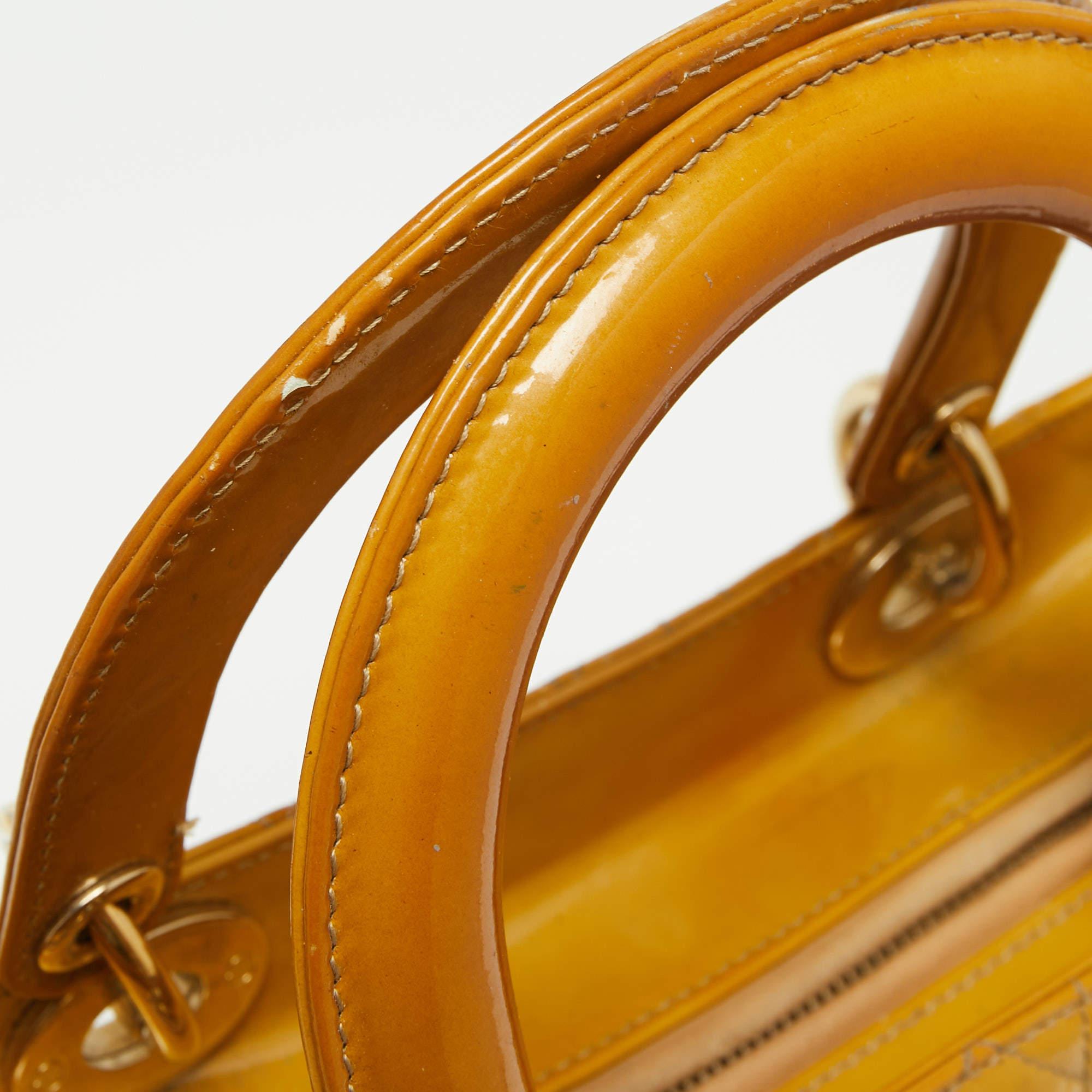 Dior Mustard Cannage Patent Leather Medium Lady Dior Tote 12
