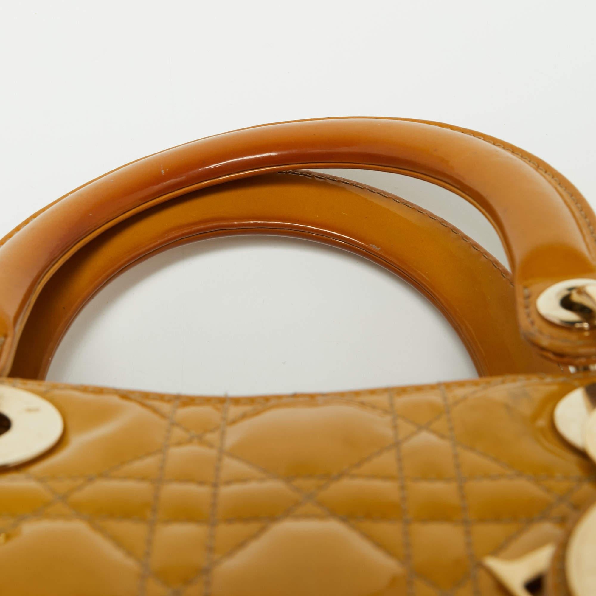Dior Mustard Cannage Patent Leather Medium Lady Dior Tote 13