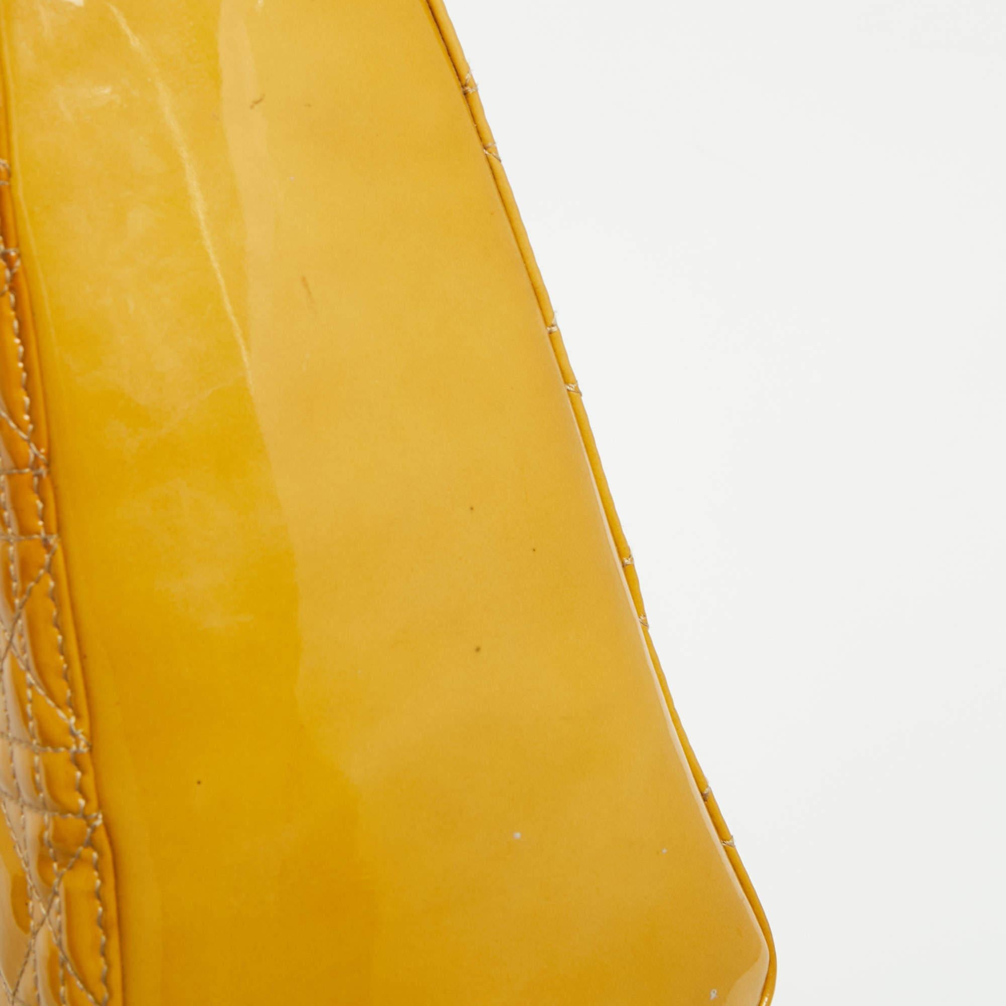 Dior Mustard Cannage Patent Leather Medium Lady Dior Tote 14