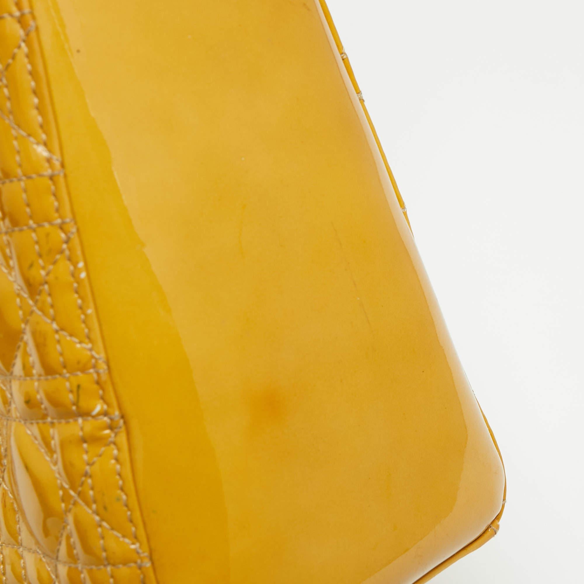Dior Mustard Cannage Patent Leather Medium Lady Dior Tote 15