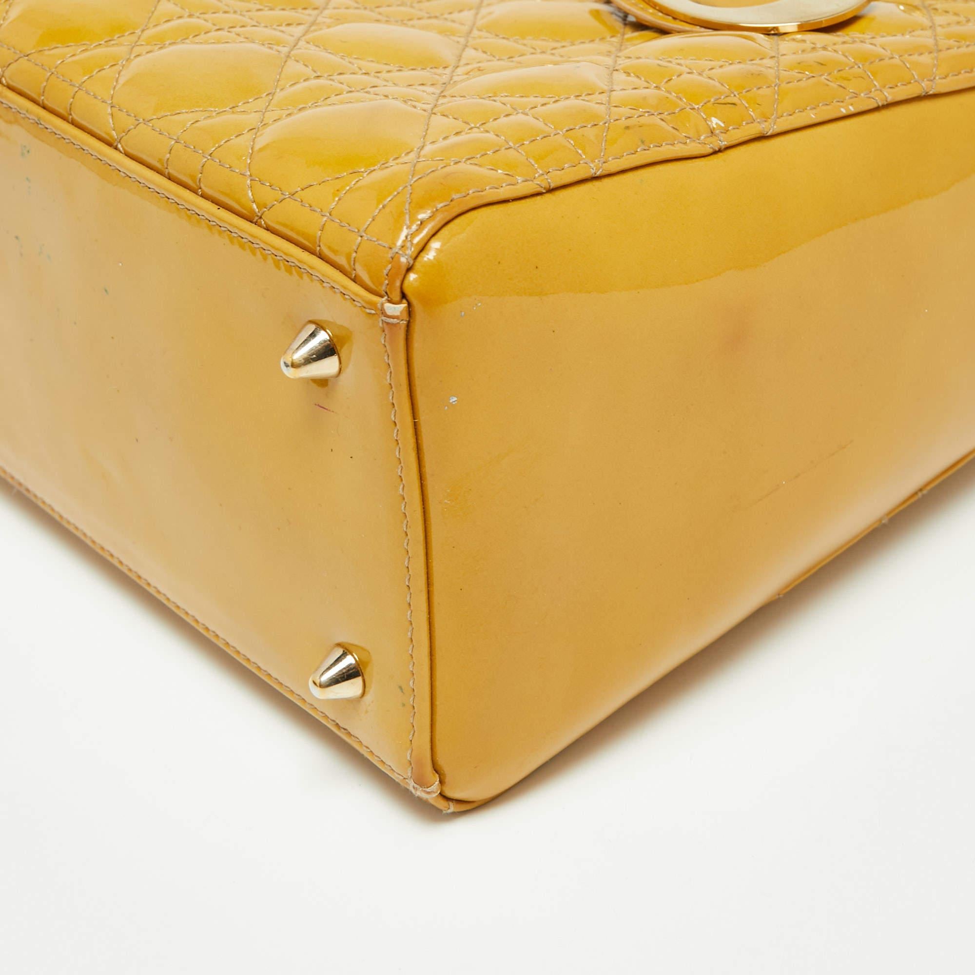 Dior Mustard Cannage Patent Leather Medium Lady Dior Tote 16