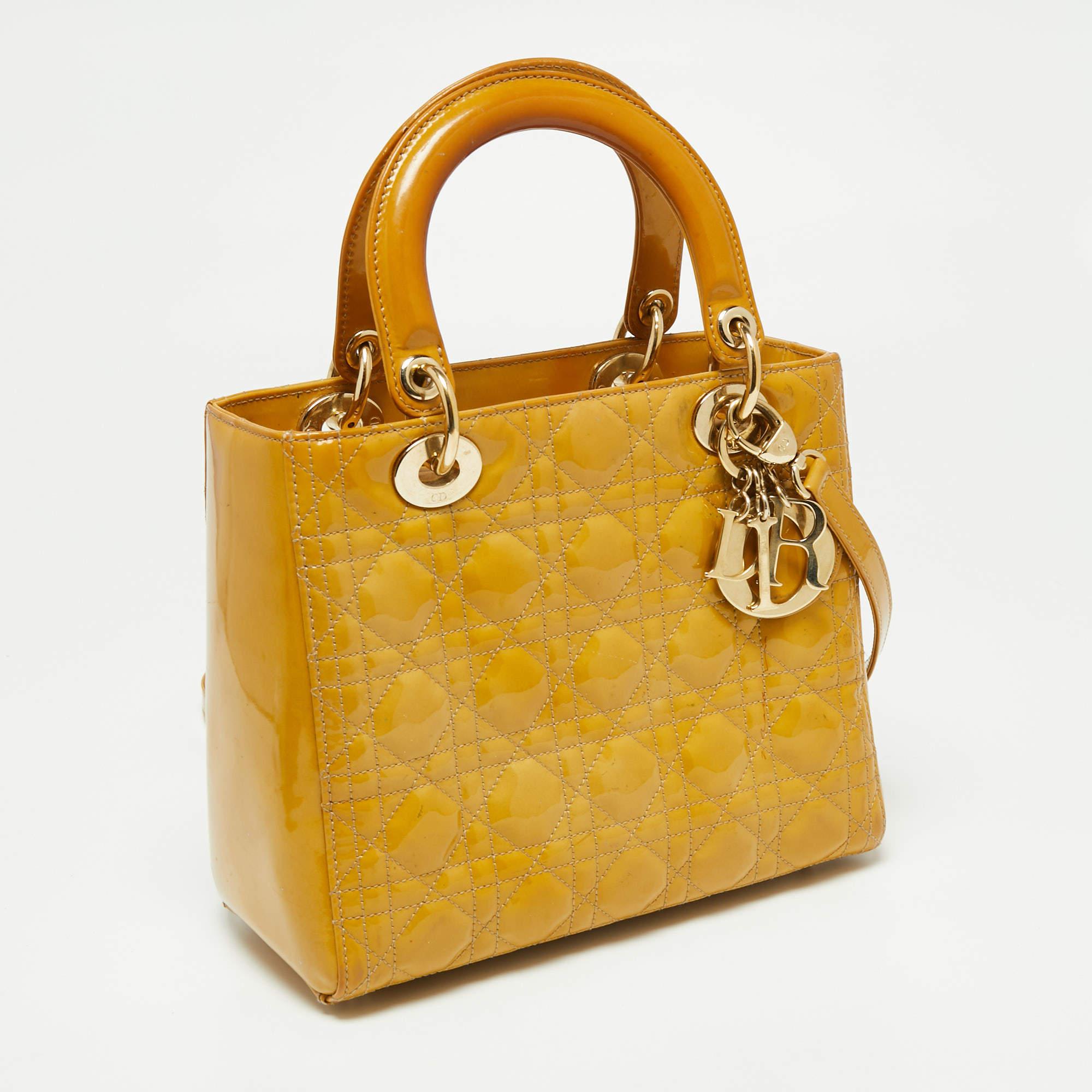 Men's Dior Mustard Cannage Patent Leather Medium Lady Dior Tote