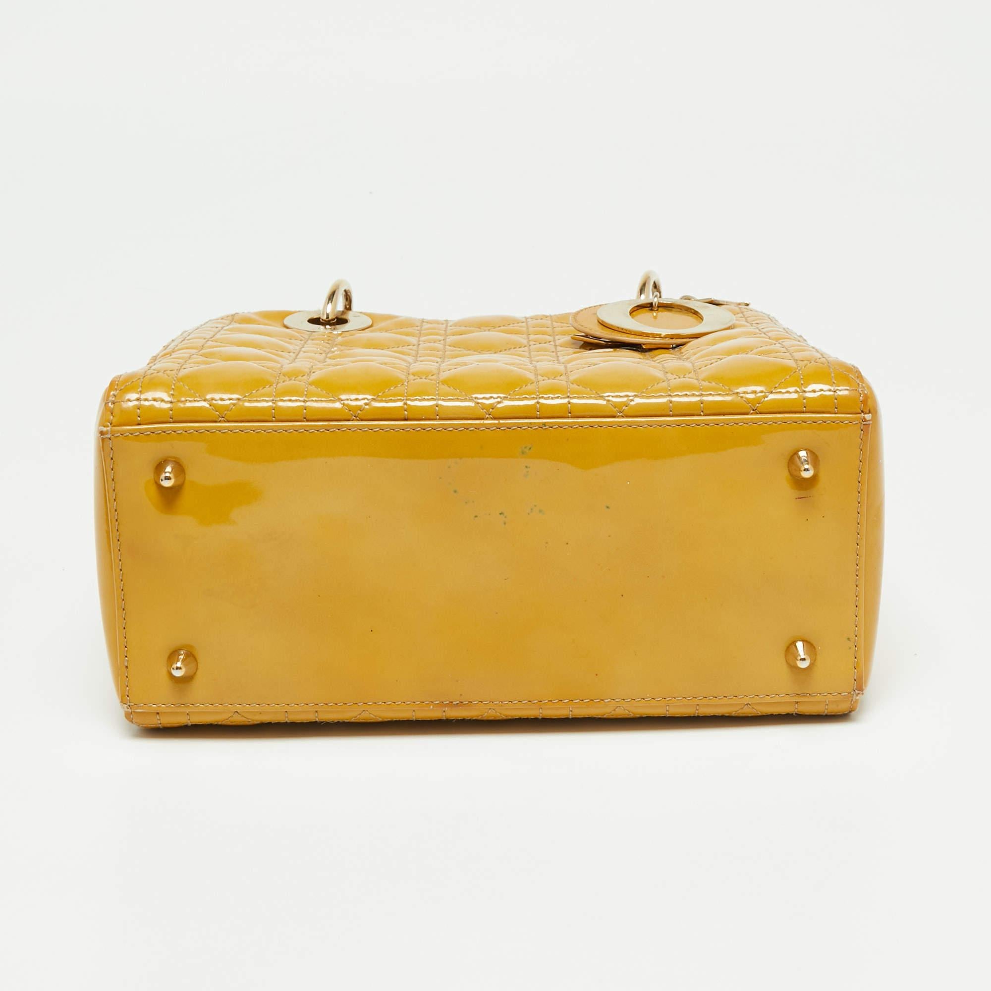 Dior Mustard Cannage Patent Leather Medium Lady Dior Tote 1