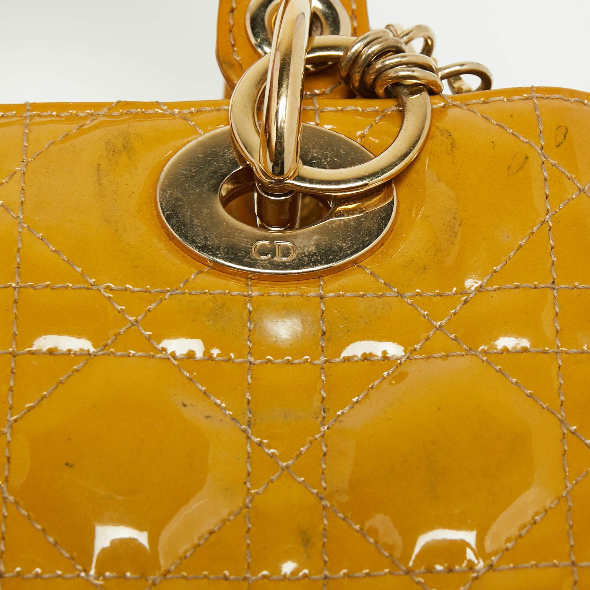 Dior Mustard Cannage Patent Leather Medium Lady Dior Tote 3