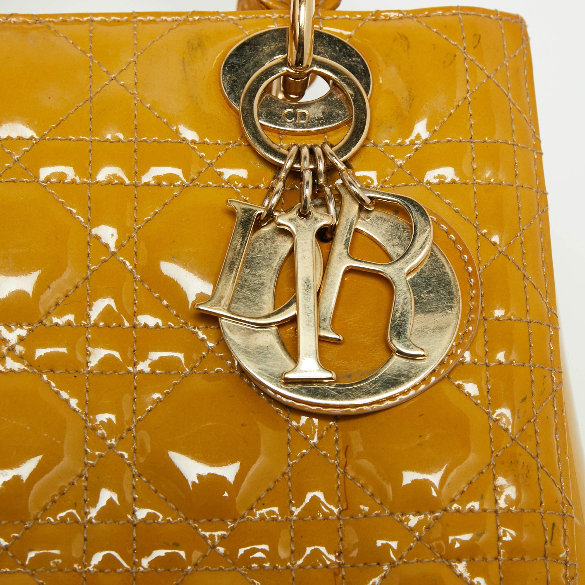 Dior Mustard Cannage Patent Leather Medium Lady Dior Tote 4