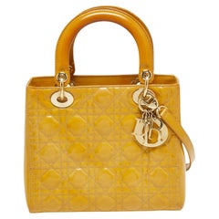 Dior Mustard Cannage Patent Leather Medium Lady Dior Tote