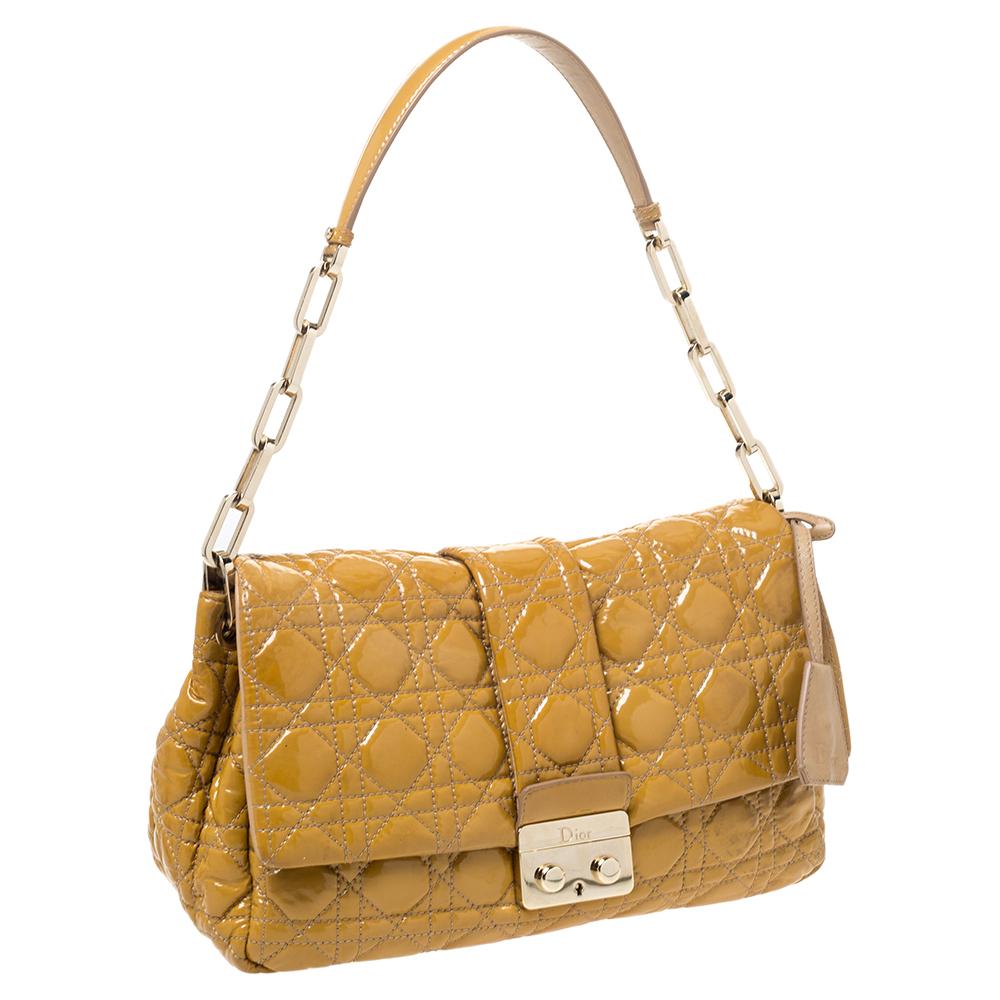 Brown Dior Mustard Cannage Patent Leather Medium New Lock Shoulder Bag