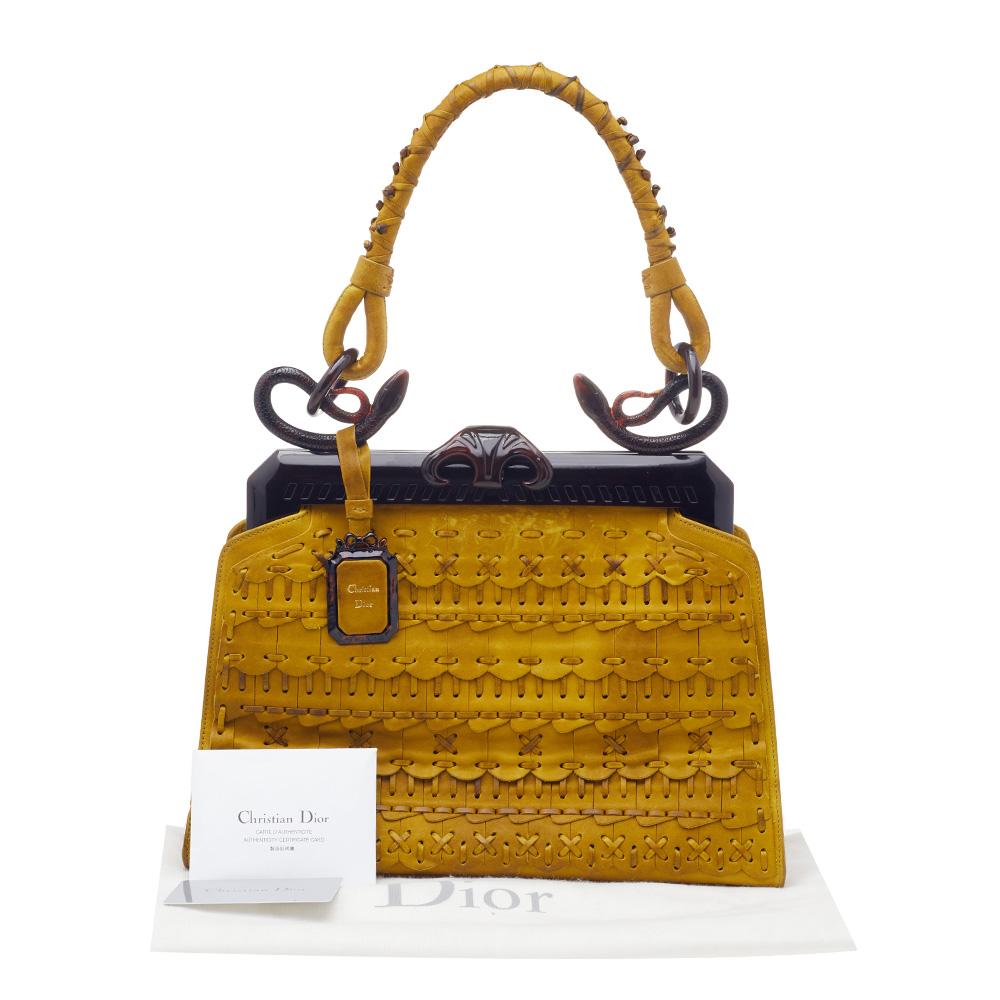 Dior Mustard Yellow/Brown Woven Leather Samourai Armour Frame Bag 4