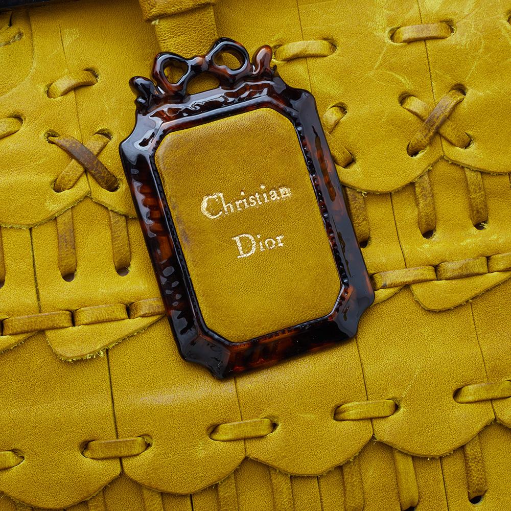 Dior Mustard Yellow/Brown Woven Leather Samourai Armour Frame Bag 2
