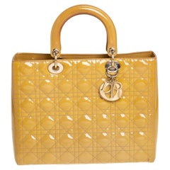 Dior Mustard Yellow Cannage Patent Leather Large Lady Dior Tote