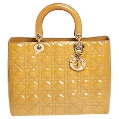 Dior Mustard Yellow Cannage Patent Leather Large Lady Dior Tote