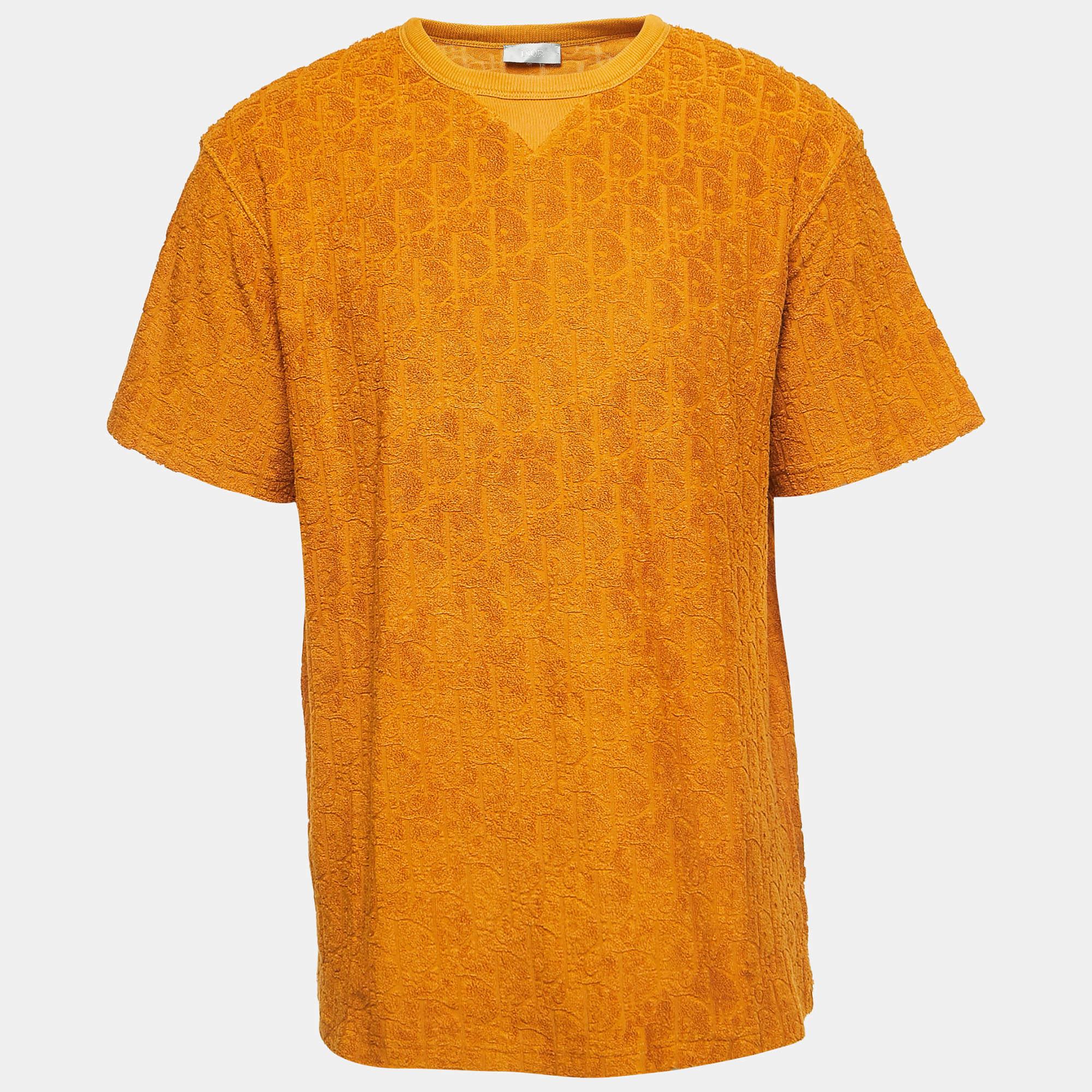 Dior Mustard Yellow Oblique Jacquard Terry Cotton Relaxed Fit T-Shirt L For Sale 2