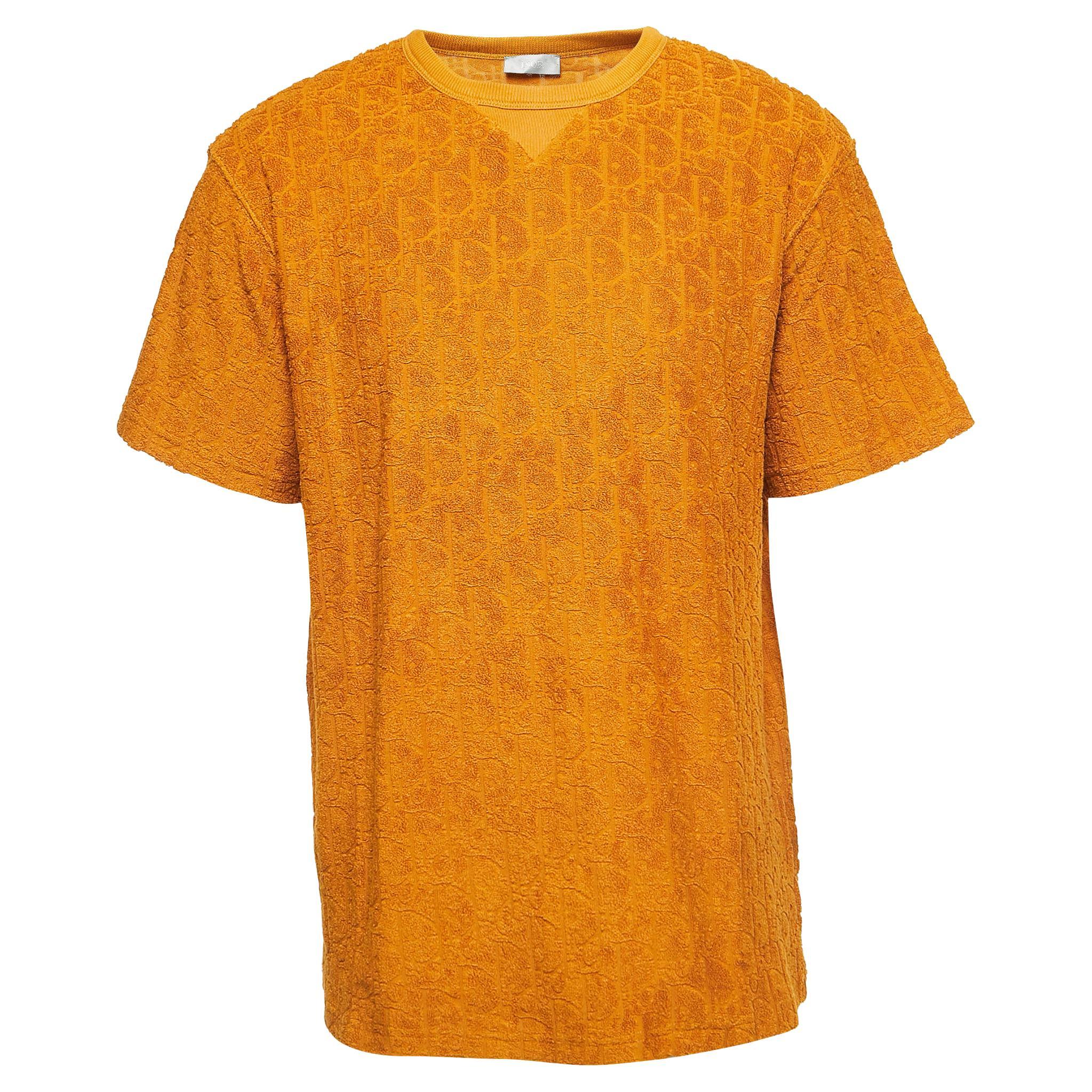 Dior Mustard Yellow Oblique Jacquard Terry Cotton Relaxed Fit T-Shirt L For Sale