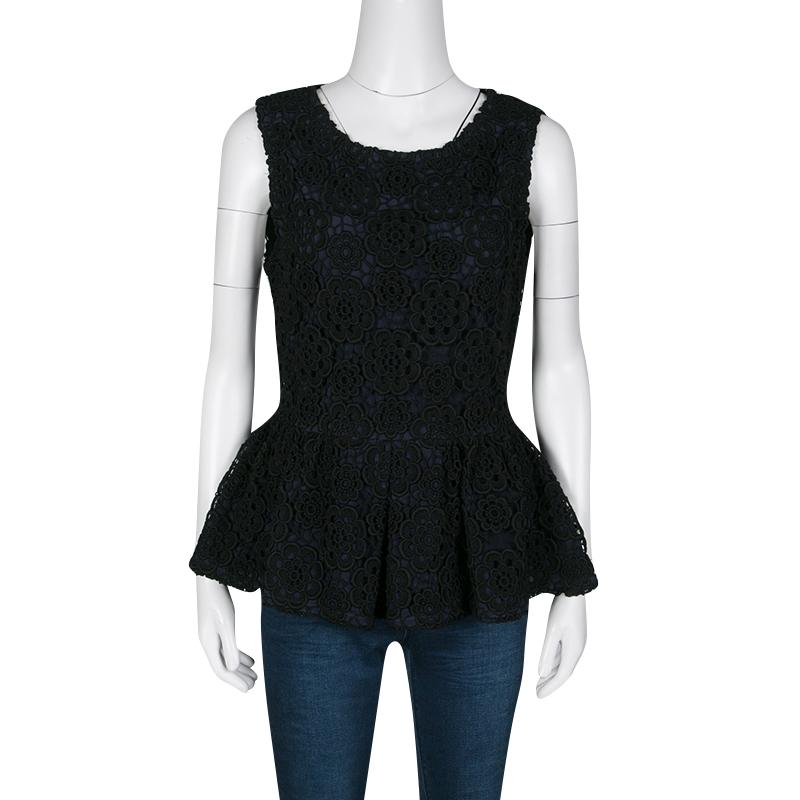 Dior Navy Blue and Black Floral Lace Overlay Sleeveless Peplum Top L In New Condition In Dubai, Al Qouz 2
