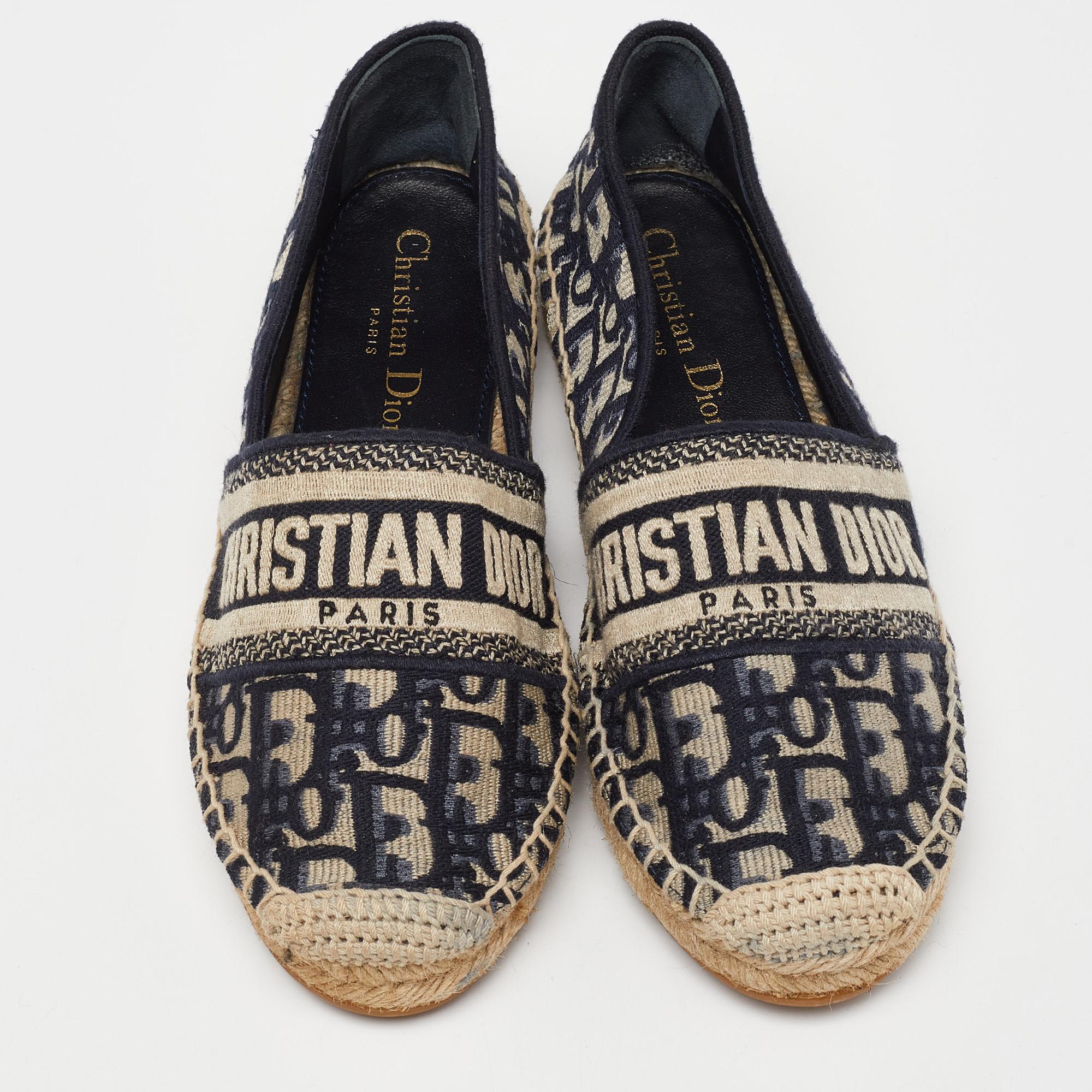 Black Dior Navy Blue/Beige Oblique Embroidered Granville Espadrille Flats Size 35