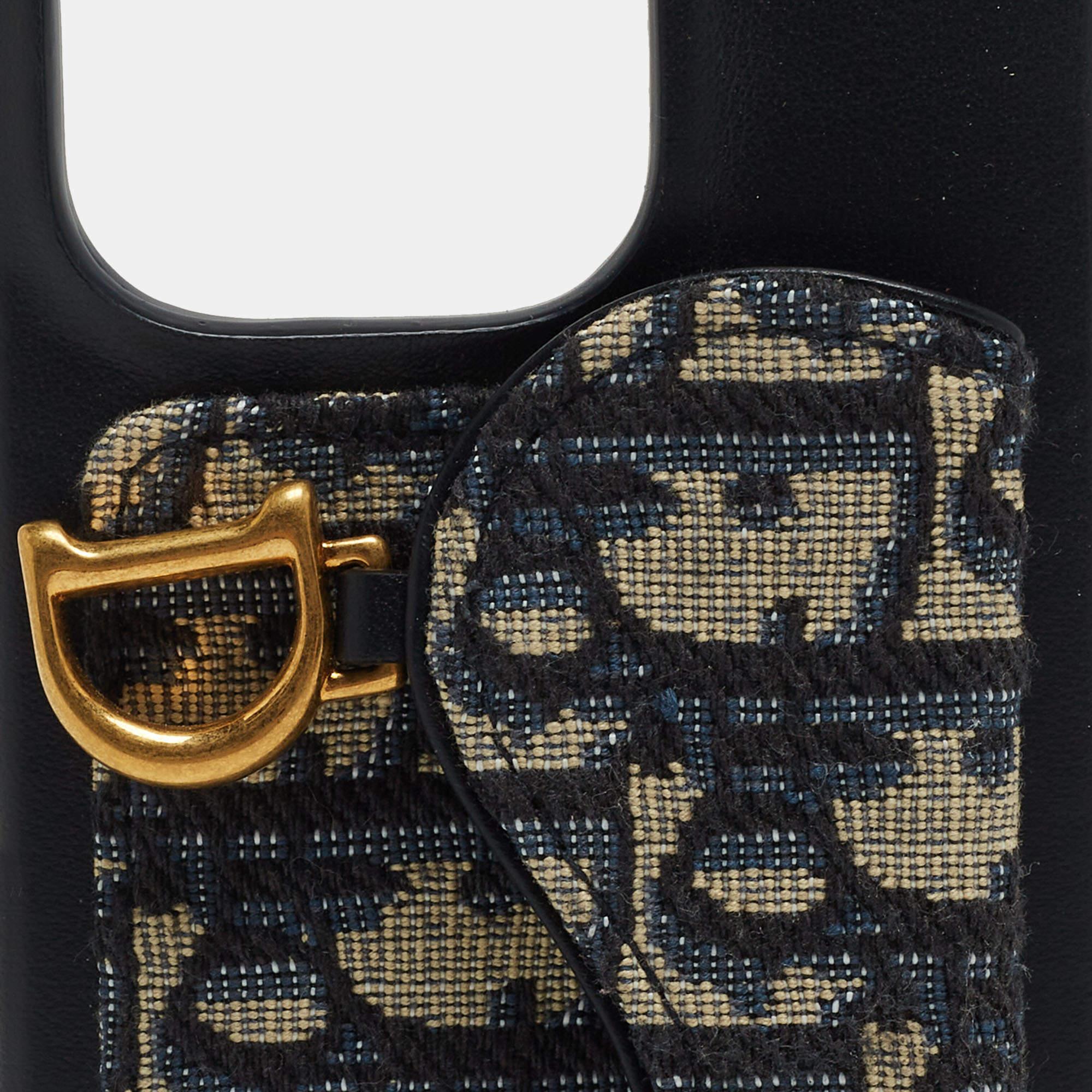 Black Dior Navy Blue/Beige Oblique Jacquard and Leather Saddle iPhone 14 Pro Case