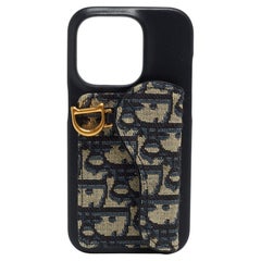 Funda iPhone 14 Pro de piel y jacquard oblicuo azul marino/beige de Dior