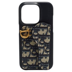 Dior Navy Blue/Beige Oblique Jacquard and Leather Saddle iPhone 14 Pro Case