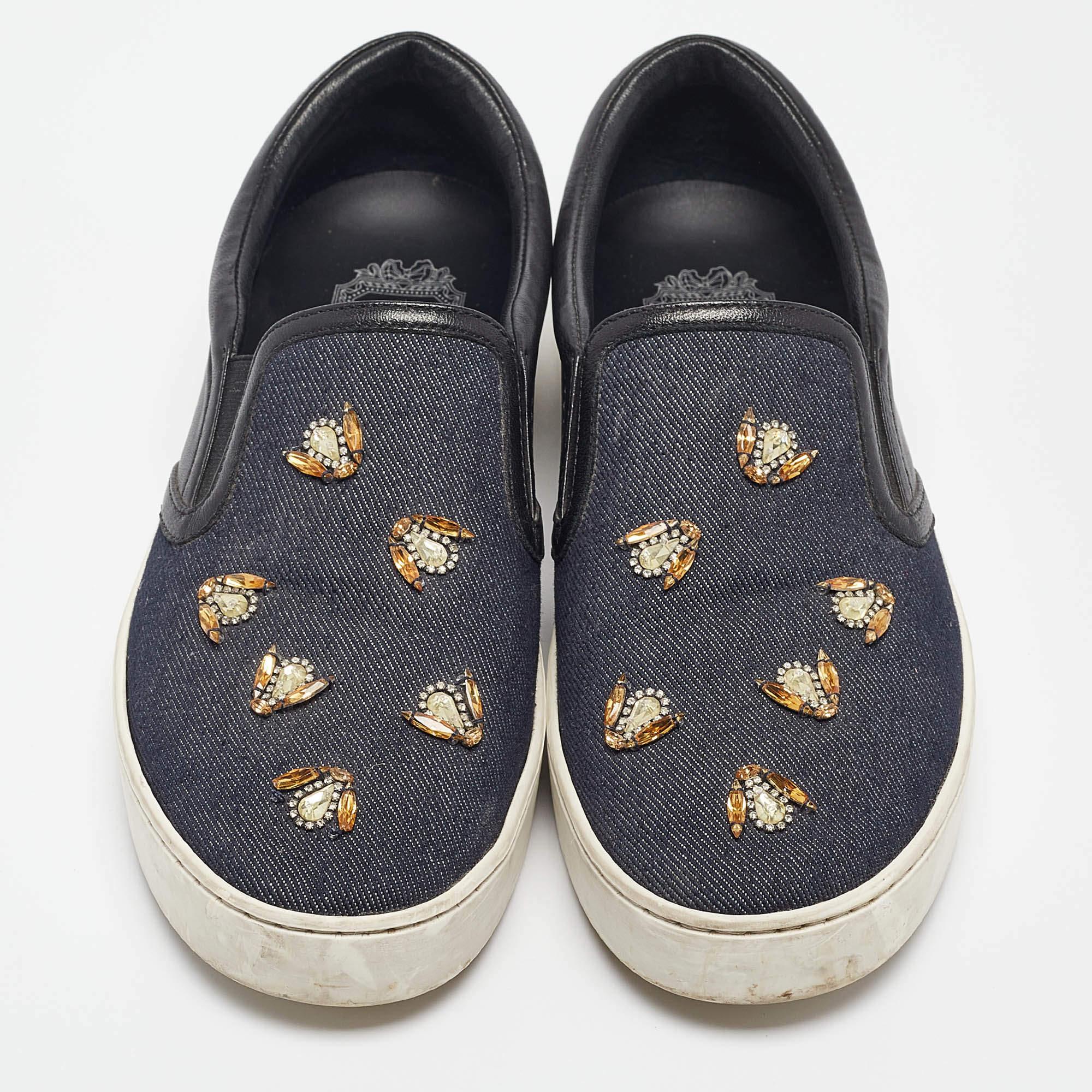 Dior Navy Blue/Black Denim and Leather Dior Happy Sneakers Size 38.5 In Good Condition For Sale In Dubai, Al Qouz 2