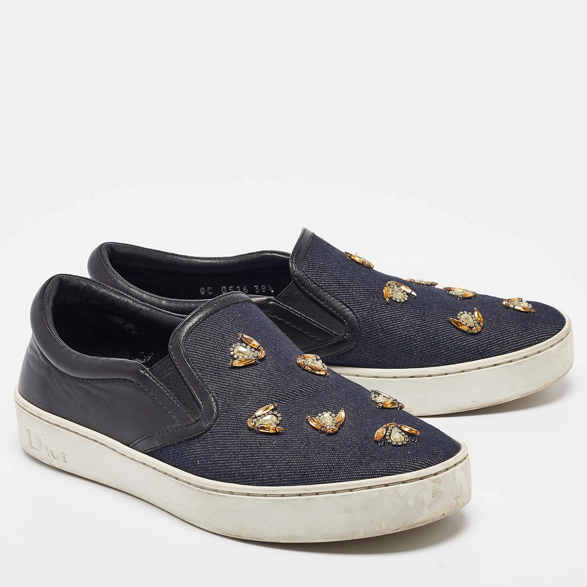 Women's Dior Navy Blue/Black Denim and Leather Dior Happy Sneakers Size 38.5 For Sale