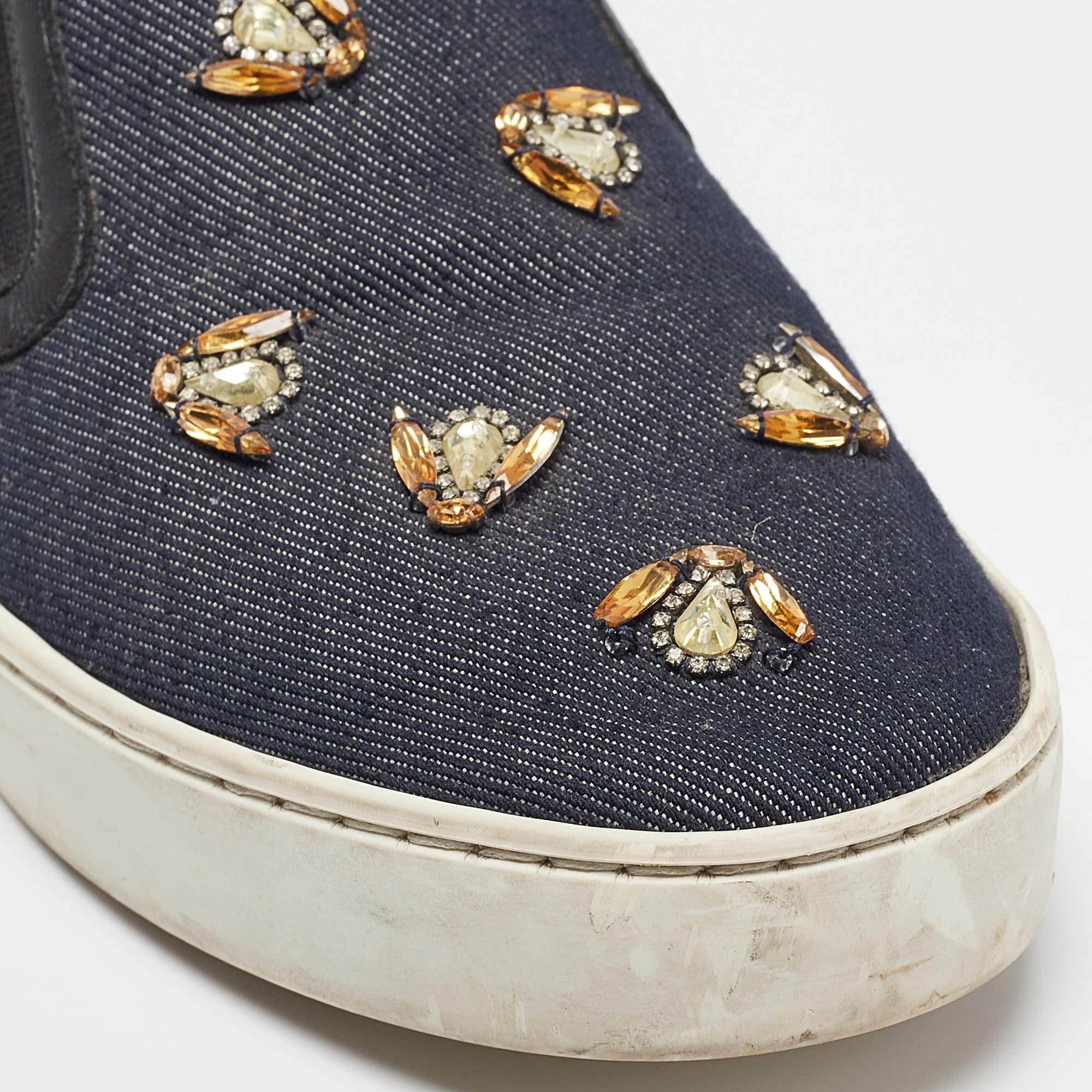 Dior Navy Blue/Black Denim and Leather Dior Happy Sneakers Size 38.5 For Sale 3