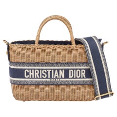 Dior Navy Blue/Brown Oblique Canvas and Rattan Wicker Basket Bag