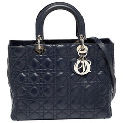 Dior Navy Blue Cannage Leather Large Lady Dior Tote