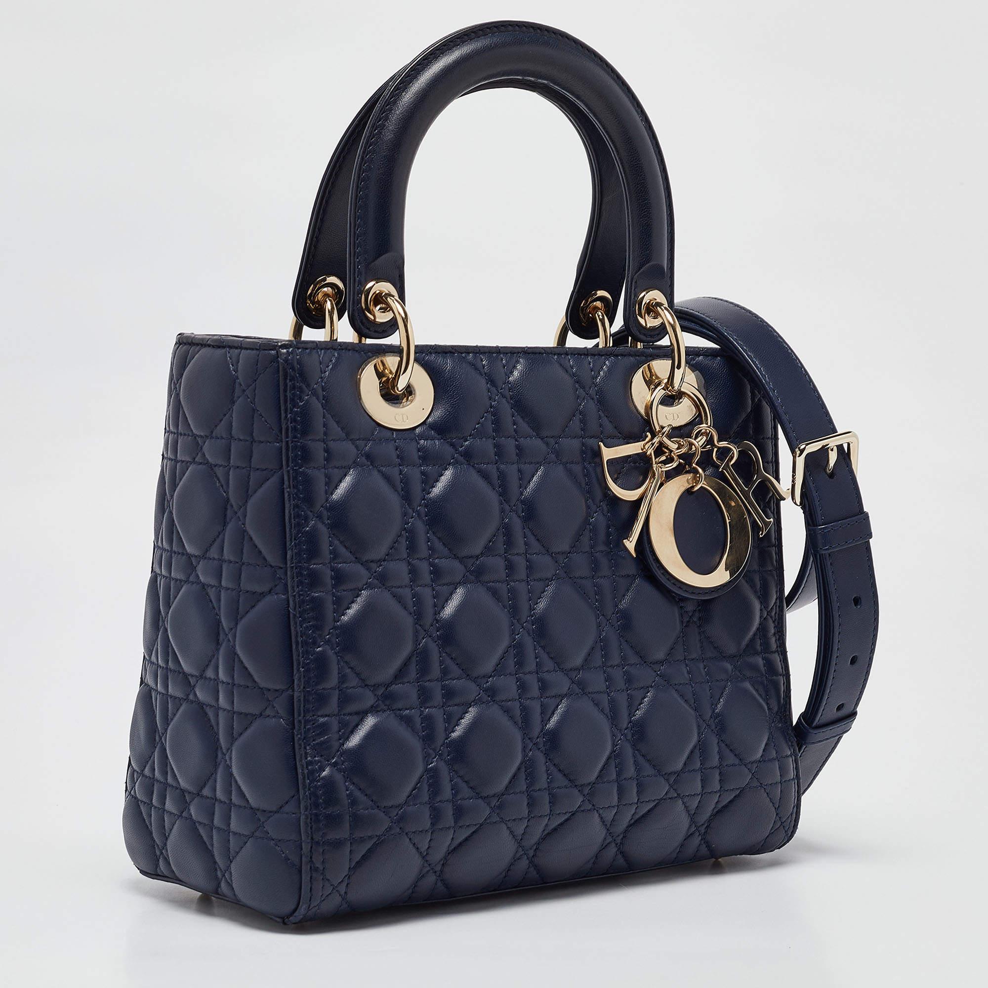 Black Dior Navy Blue Cannage Leather Medium Lady Dior Tote