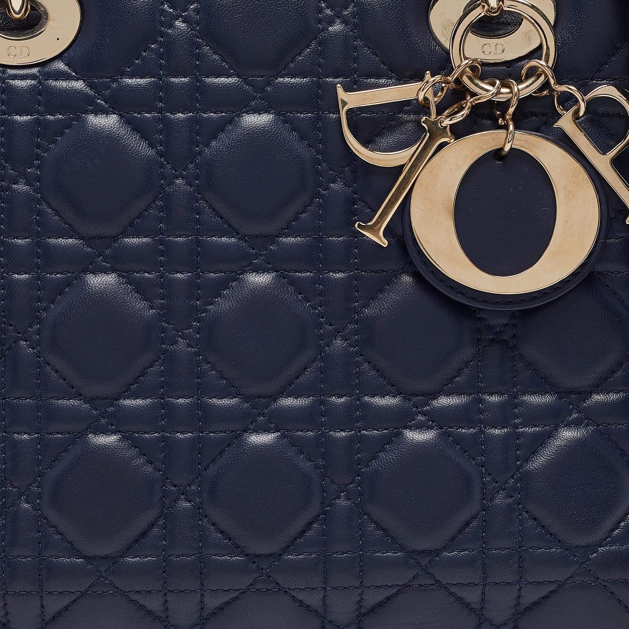 Women's Dior Navy Blue Cannage Leather Medium Lady Dior Tote