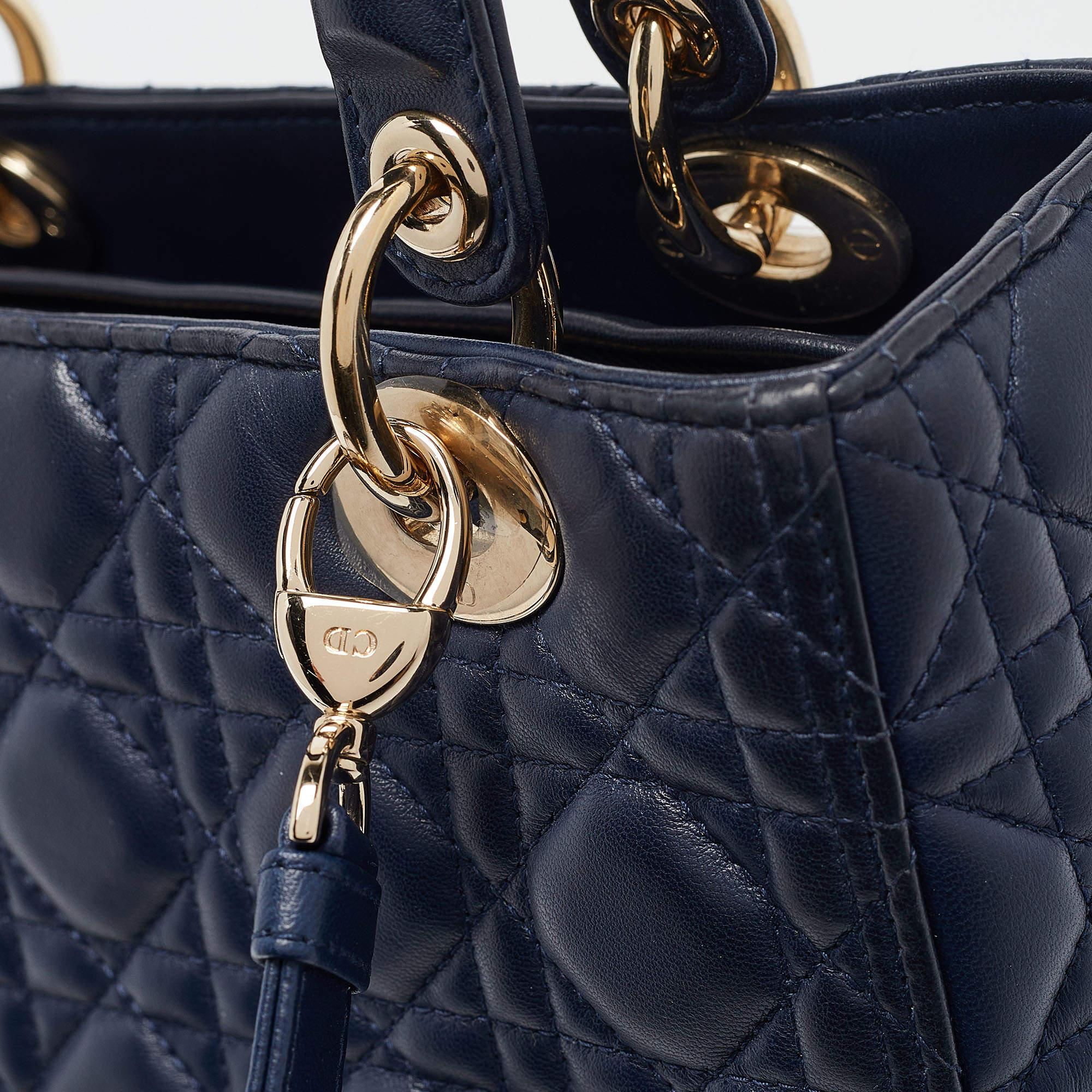 Dior Navy Blue Cannage Leather Medium Lady Dior Tote 2