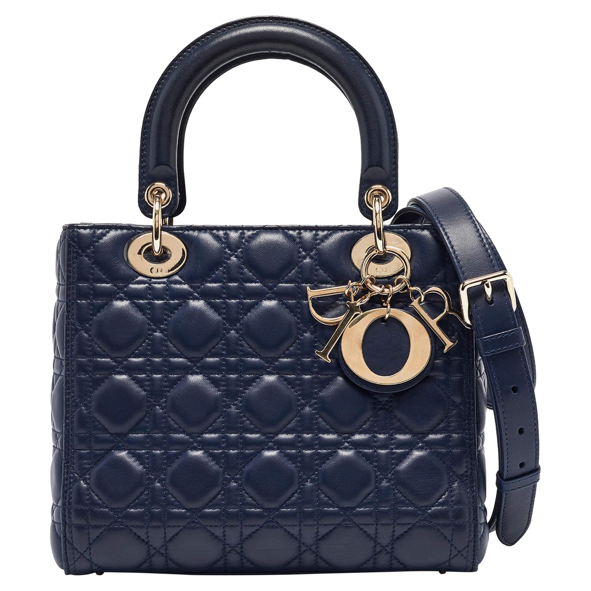 Dior Navy Blue Cannage Leather Medium Lady Dior Tote