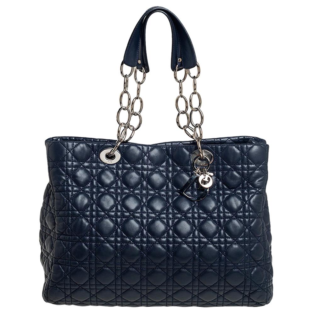 Dior Navy Blue Cannage Leather Soft Lady Dior Shopper Tote
