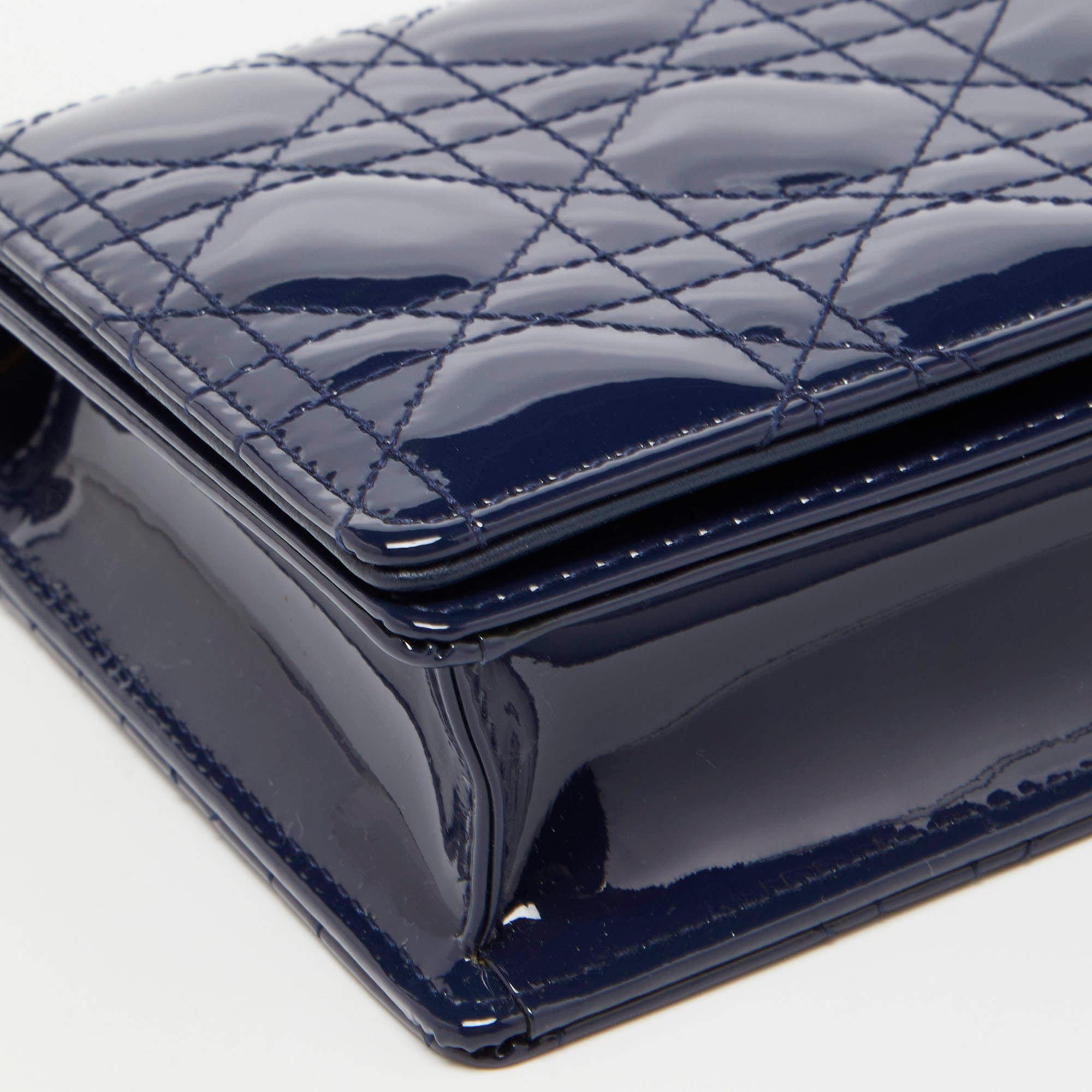 Dior Navy Blue Cannage Patent Leather Lady Dior Chain Clutch 3