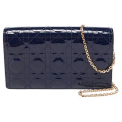 Dior Navy Blue Cannage Patent Leather Lady Dior Chain Clutch